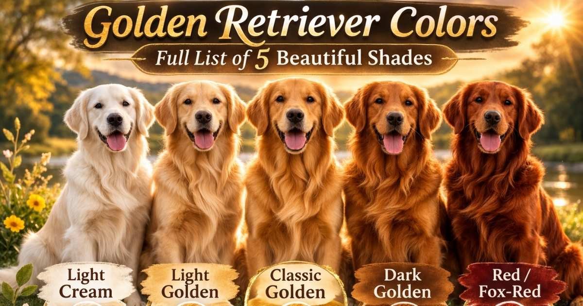 Infographic banner showing five Golden Retrievers sitting side by side at sunset, displaying coat shades labeled Light Cream, Light Golden, Classic Golden, Dark Golden, and Red/Fox-Red, with matching color swatches beneath each dog and the title “Golden Retriever Colors – Full List of 5 Beautiful Shades” at the top.