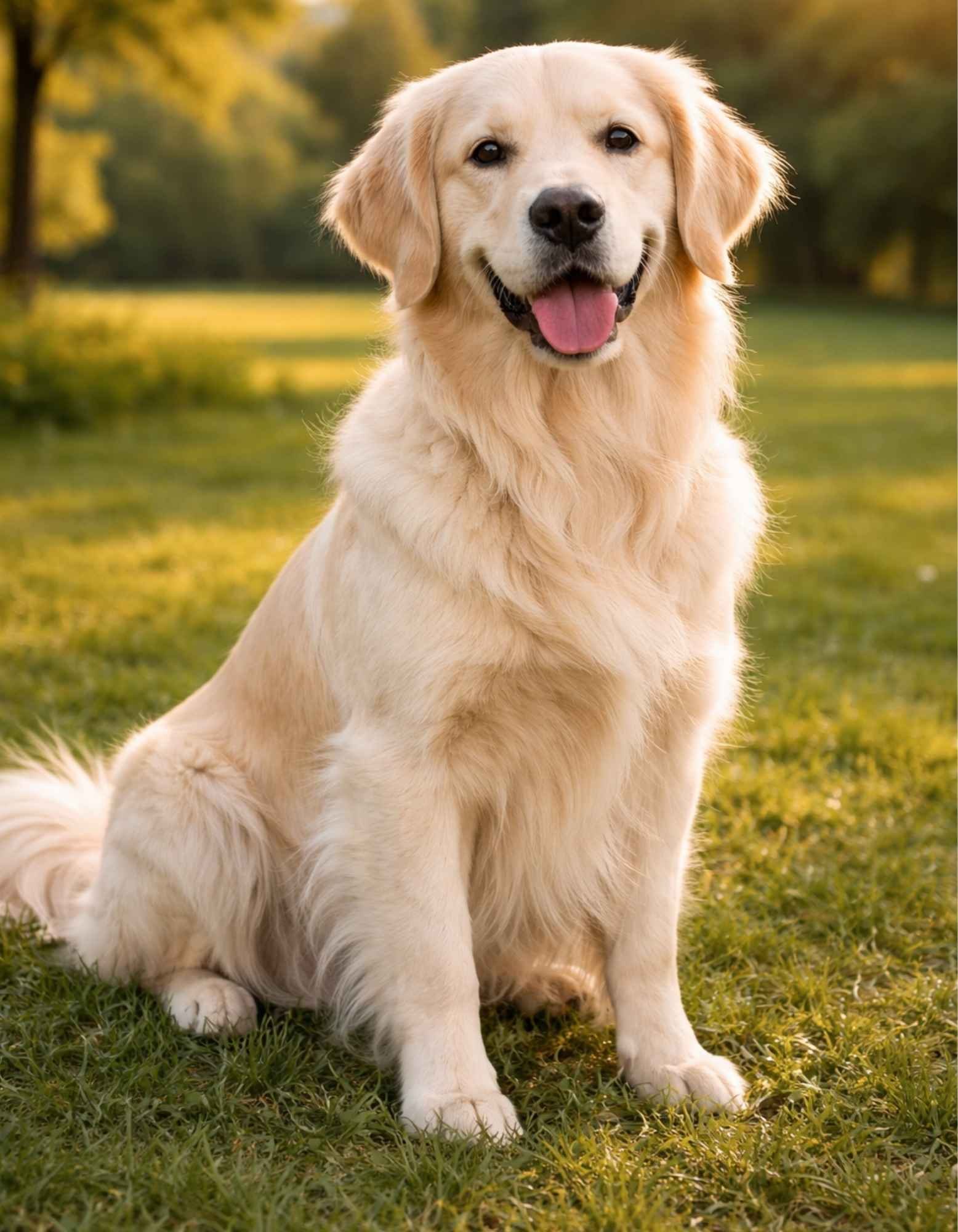 Light Golden Retriever color sitting in a sunlit grassy park, featuring a soft pale gold coat, feathered tail, warm brown eyes, and a friendly expression with sunlight highlighting the fur texture.