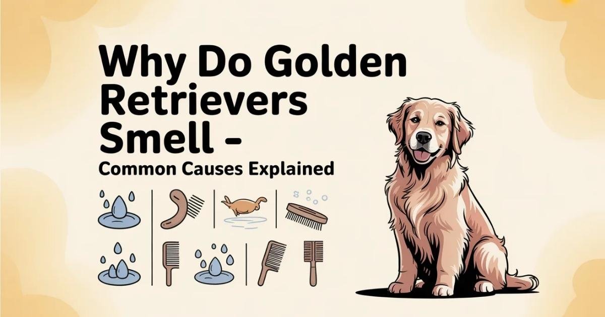 Golden Retriever lying on grass showing thick double coat that can trap moisture and cause odor