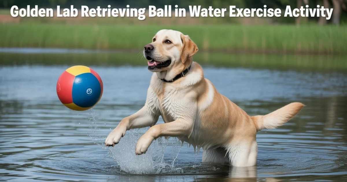 golden lab retrieving ball in water exercise activity