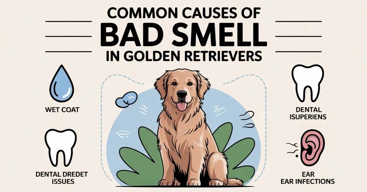 Golden Retriever bad odor caused by bacteria yeast and poor hygiene