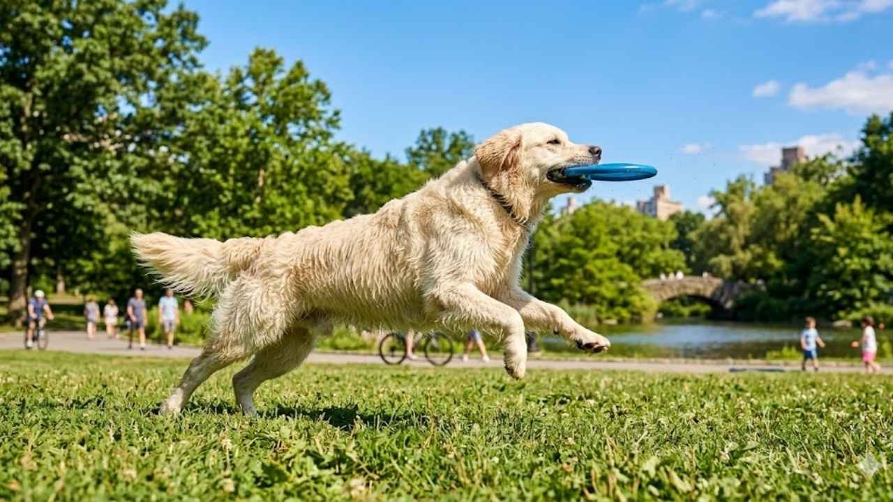 Active cream golden retriever running and playing outdoors