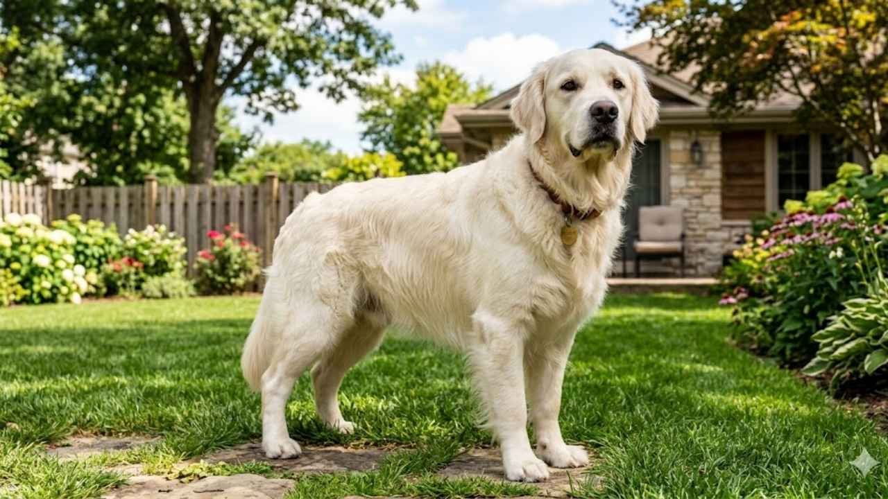 Adult cream golden retriever standing with soft coat and muscular body