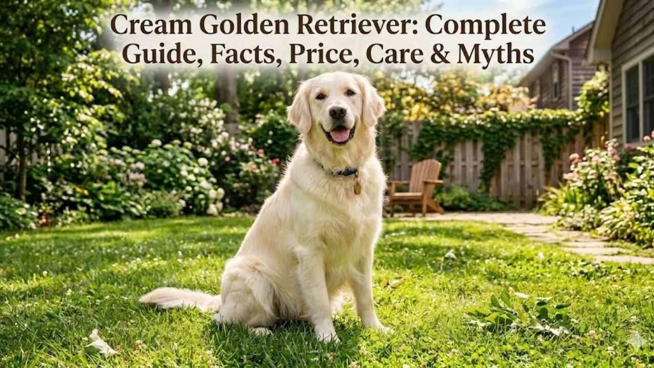Cream Golden Retriever sitting in a sunny park with a soft pale coat