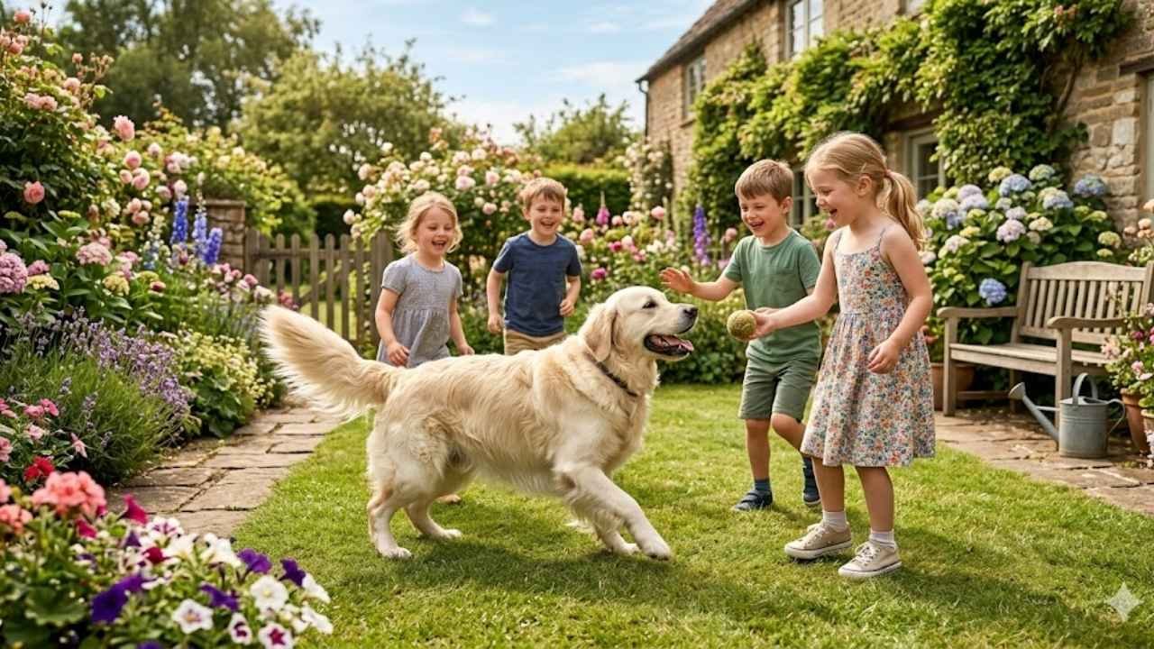 Friendly cream golden retriever playing with children