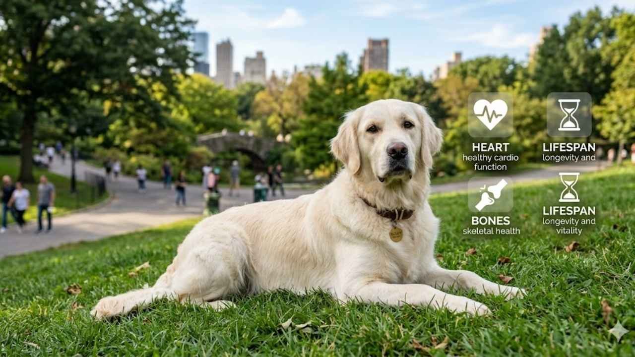 Healthy cream golden retriever with lifespan and health icons