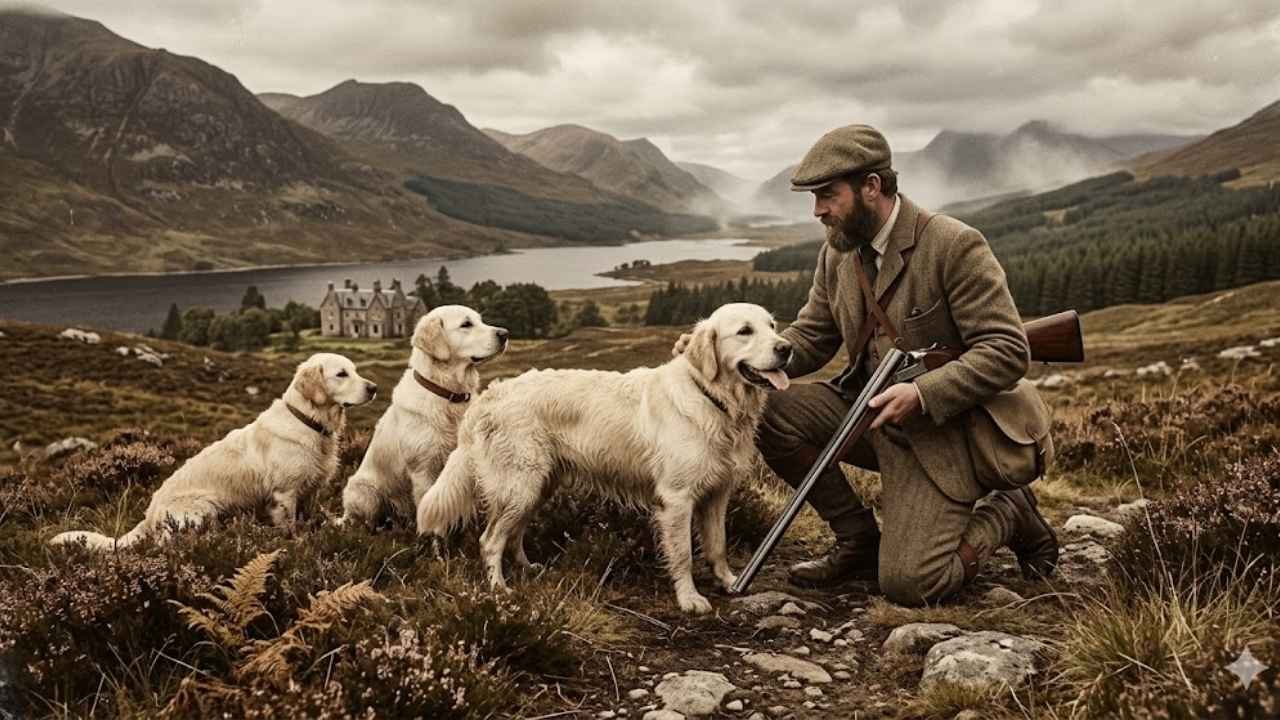 Historic cream golden retrievers in Scotland countryside