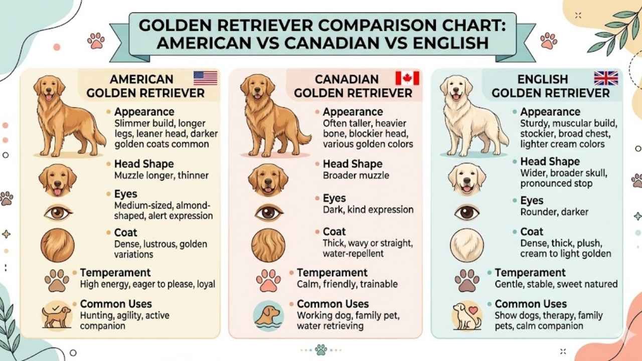 kinds of golden retrievers comparison showing american vs english golden retriever and canadian vs american golden retriever