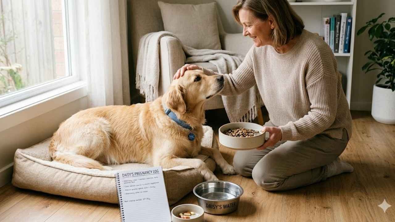 Caring for a pregnant golden retriever showing vet-approved dog pregnancy care and dog nutrition during pregnancy