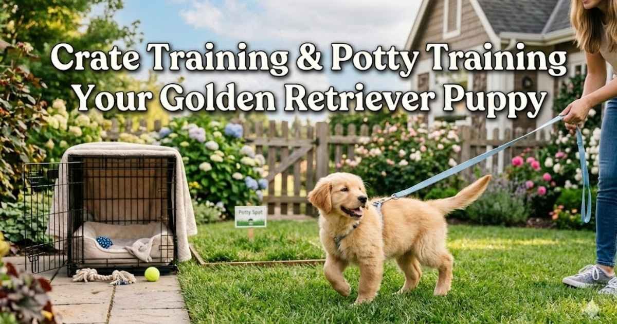 Golden Retriever puppy inside adjustable crate during house training