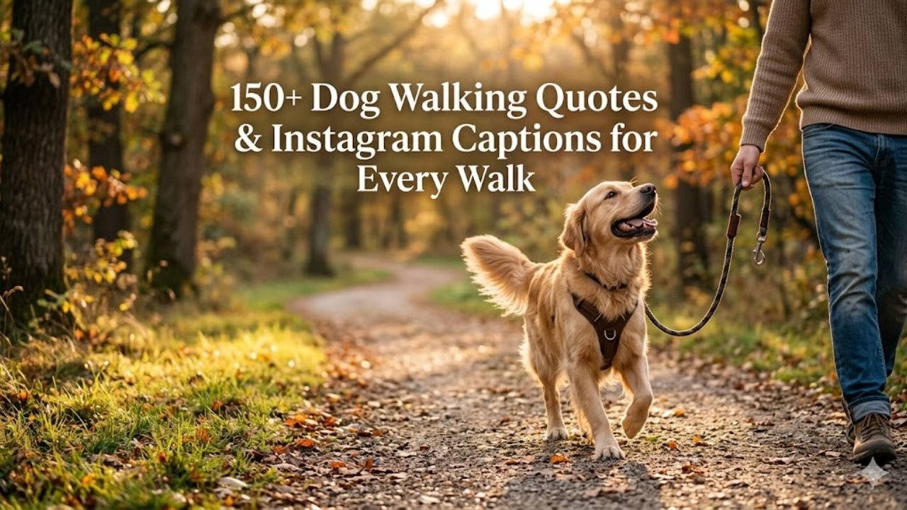 Golden retriever walking outdoors during sunset with dog walking quotes and Instagram caption theme