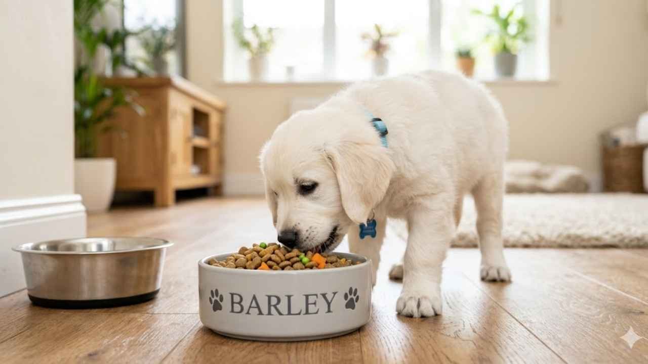 Golden Retriever White Puppy feeding guide showing best food for golden retriever puppy