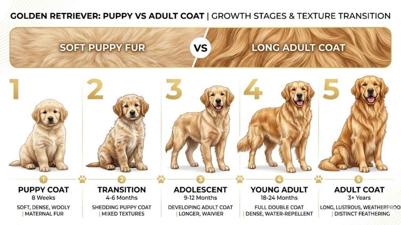 Golden Retriever long hair development from puppy coat to adult coat stages