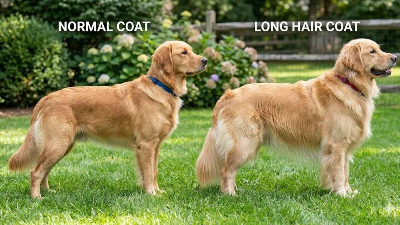 Golden Retriever long hair vs normal coat comparison showing feathering and thickness
