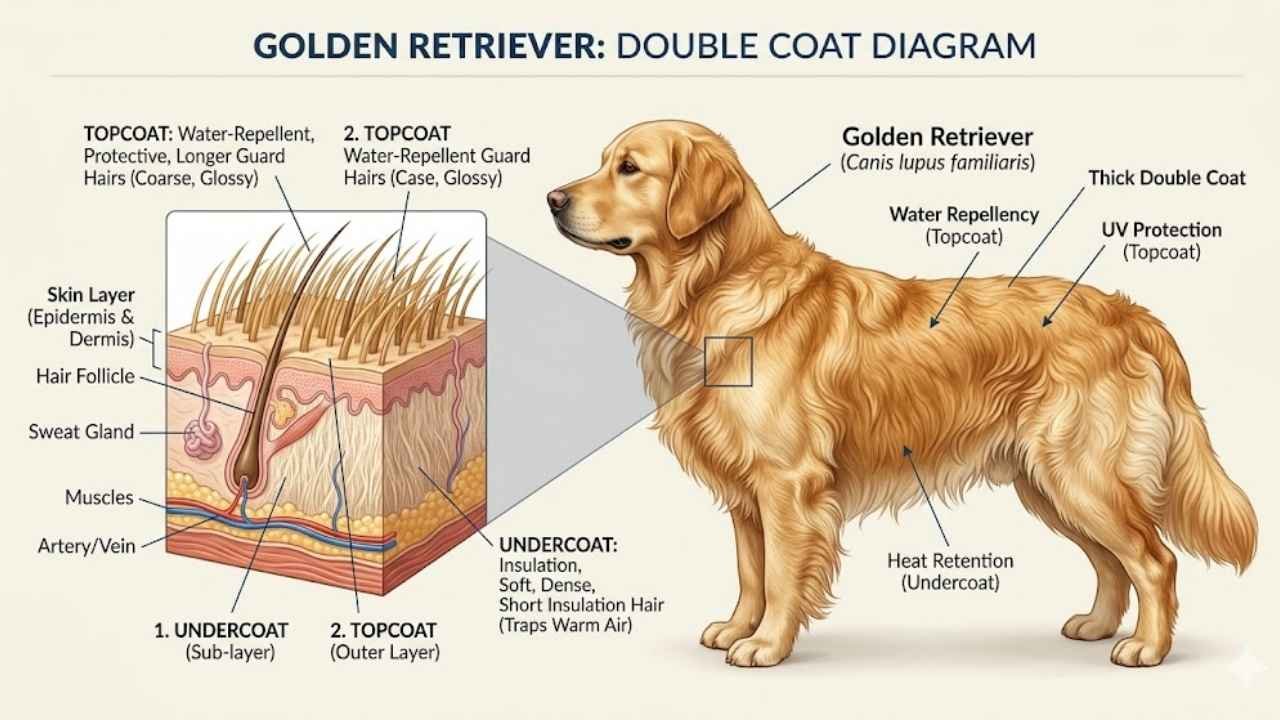 Golden Retriever long hair double coat showing undercoat and topcoat structure