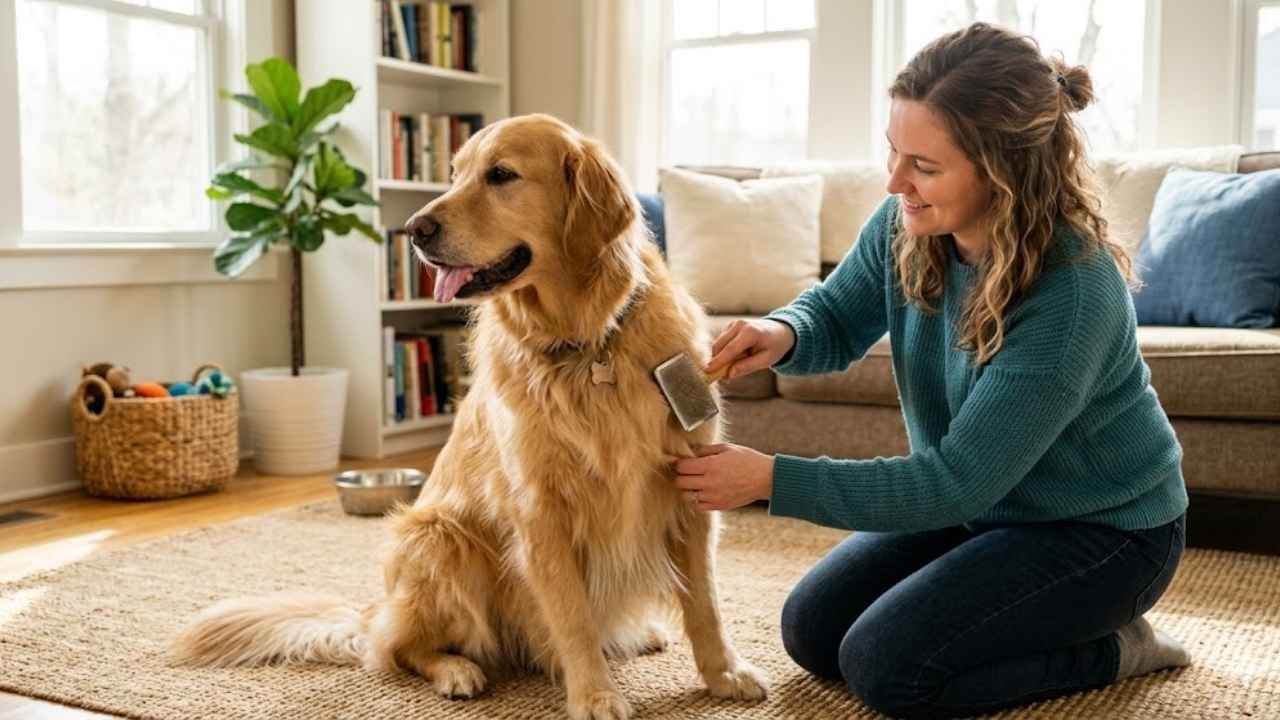 Golden Retriever long hair grooming routine with brushing and coat care tools