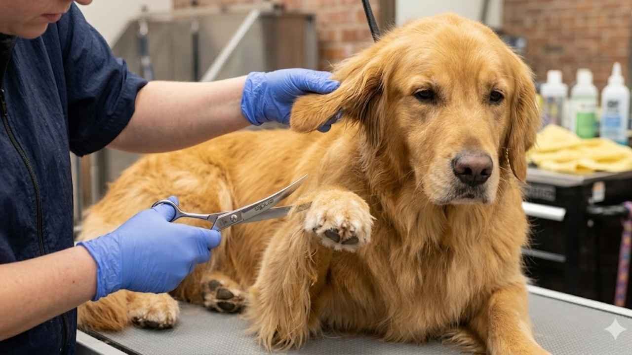 Golden Retriever long hair trimming around paws and ears safely