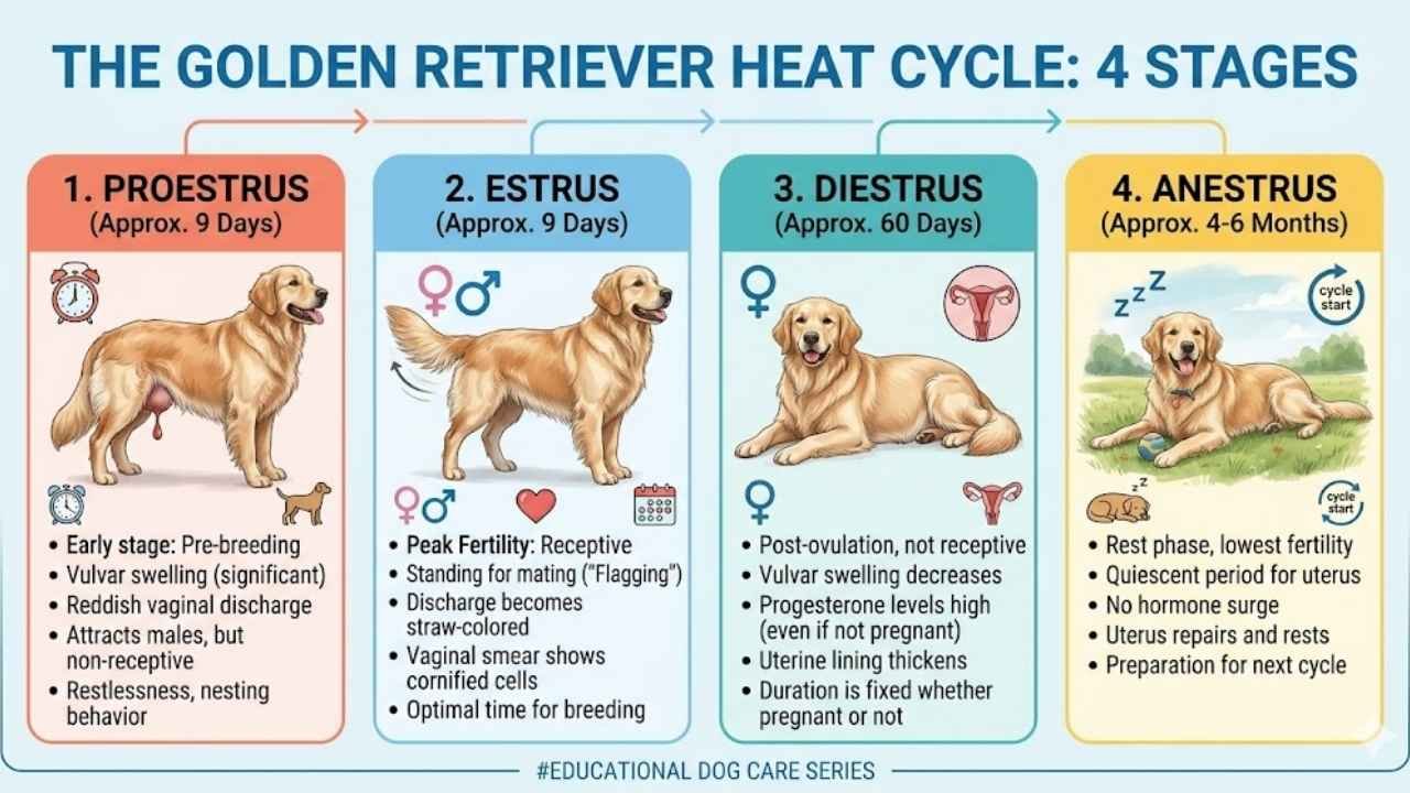 Golden retriever heat cycle explained showing estrus, proestrus, diestrus, anestrus and fertile period