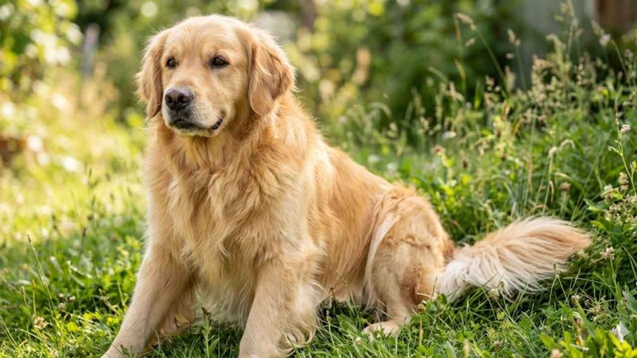 Golden Retriever long hair feathering on tail and legs showing coat length variation
