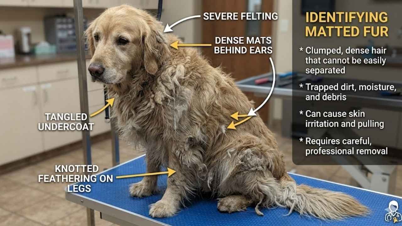 Golden Retriever long hair matting and tangles showing grooming problems