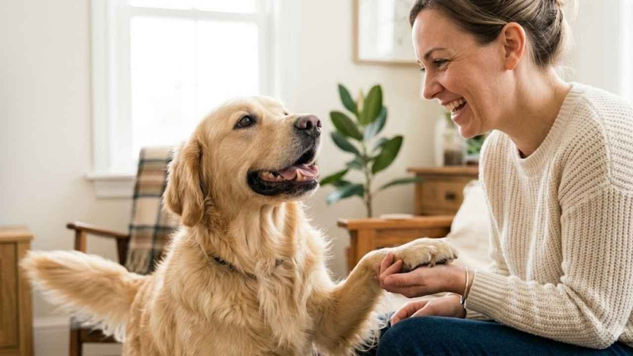 Golden Retriever normal pawing behavior showing friendly dog interaction and affection