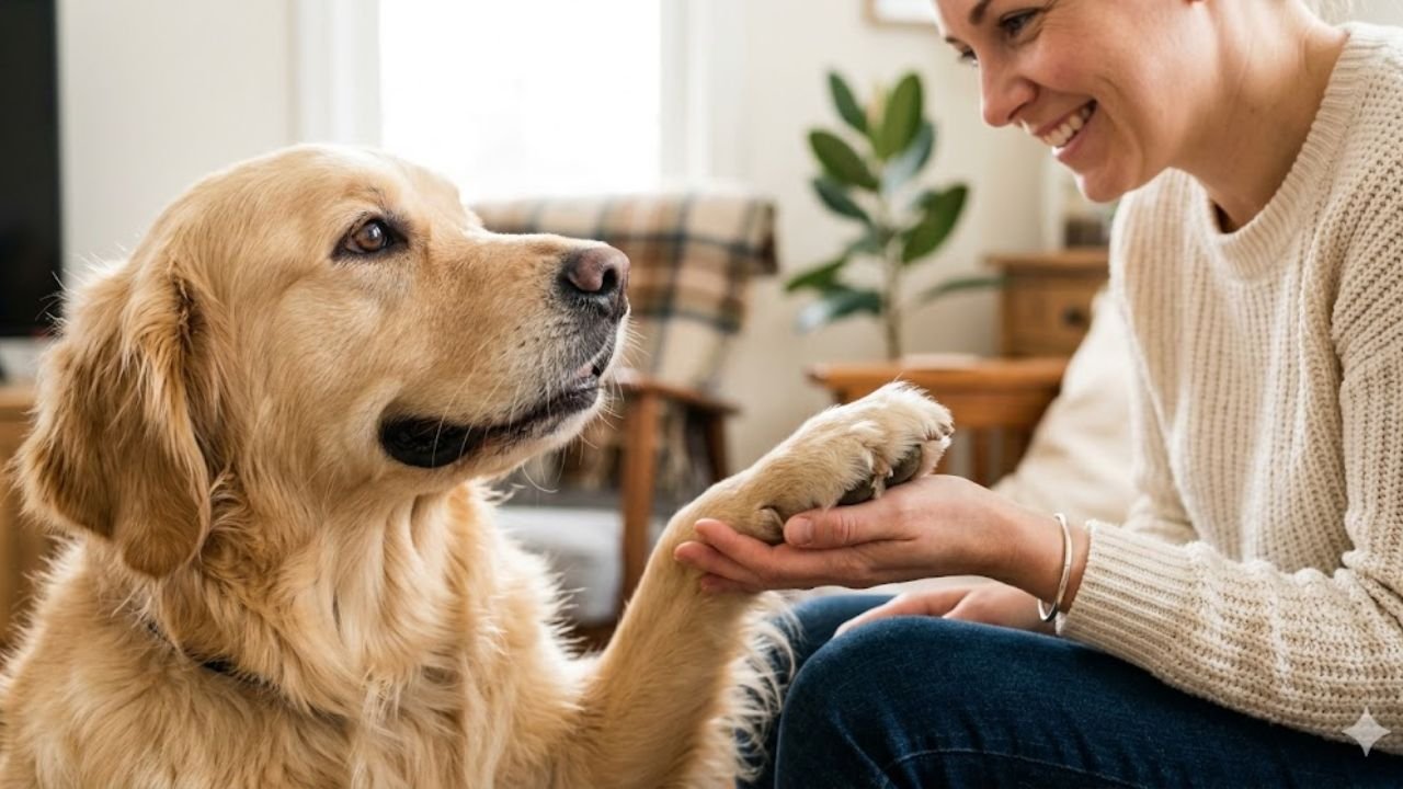 Golden Retriever pawing at owner showing dog communication signals and behavior meaning