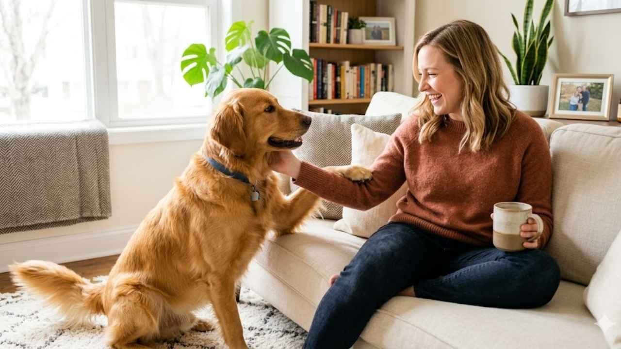 Golden Retriever pawing behavior showing social, friendly, and emotional dog interaction with owner