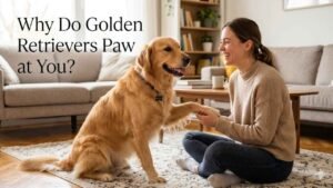 Golden Retriever pawing at owner main image showing dog attention seeking behavior and written on image Why Do Golden Retrievers Paw at You?