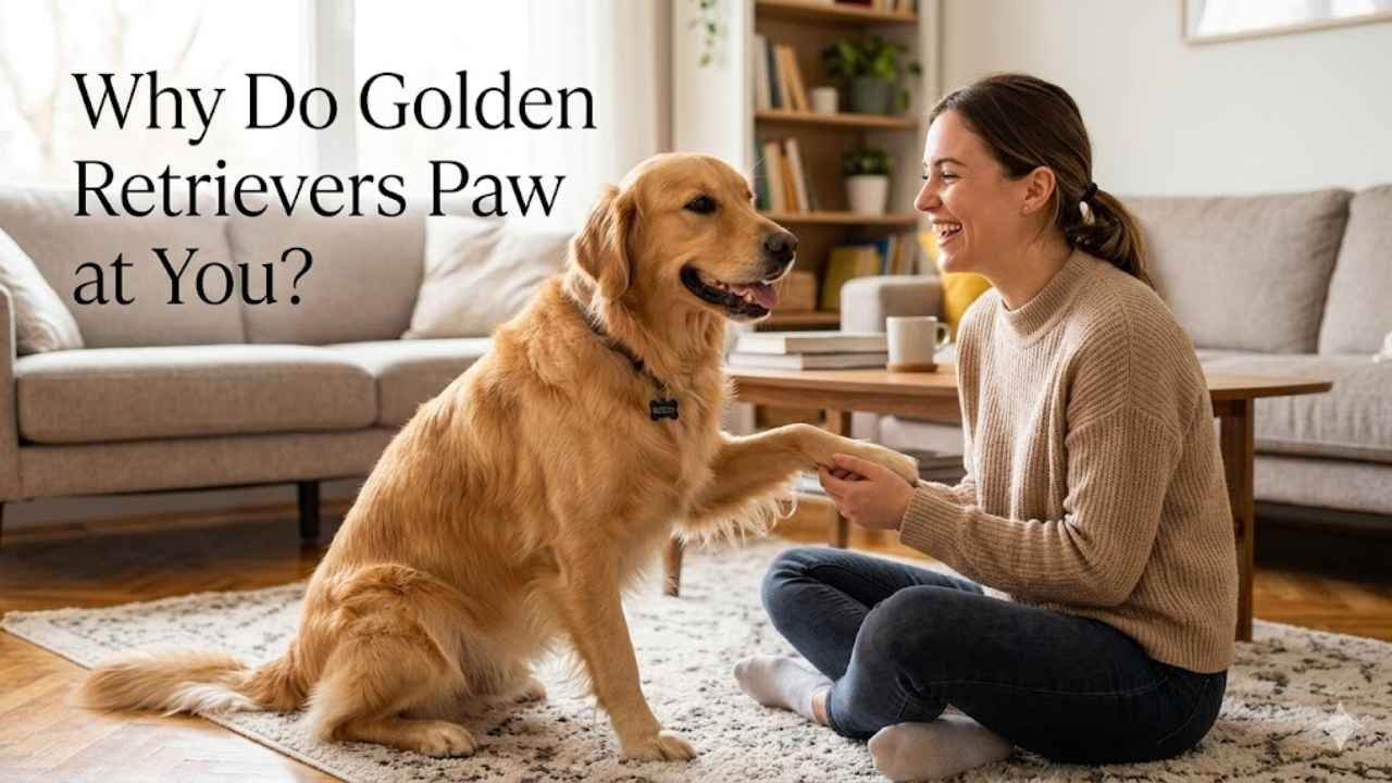 Golden Retriever pawing at owner main image showing dog attention seeking behavior and written on image Why Do Golden Retrievers Paw at You?