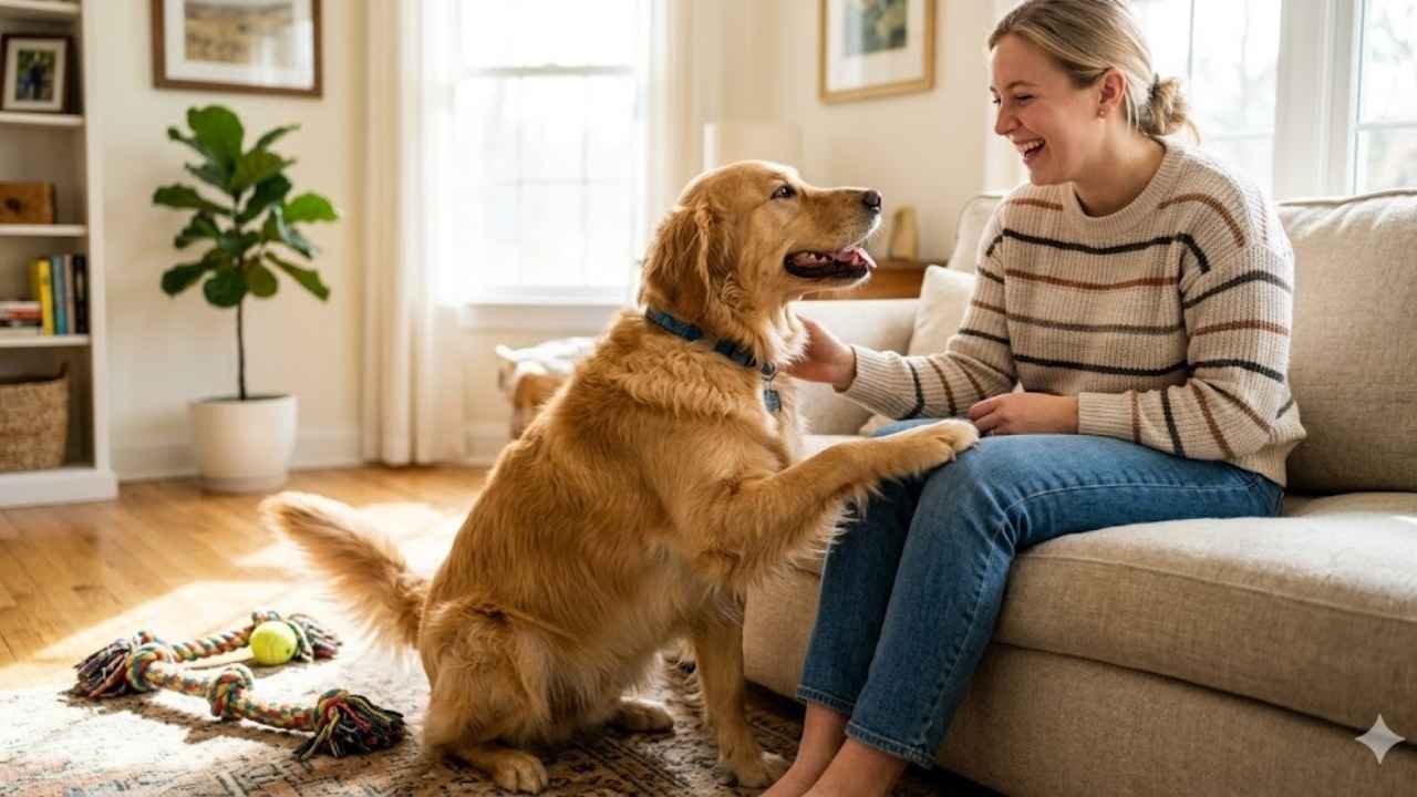 Golden Retriever pawing at owner showing common reasons for pawing like play, attention, and curiosity