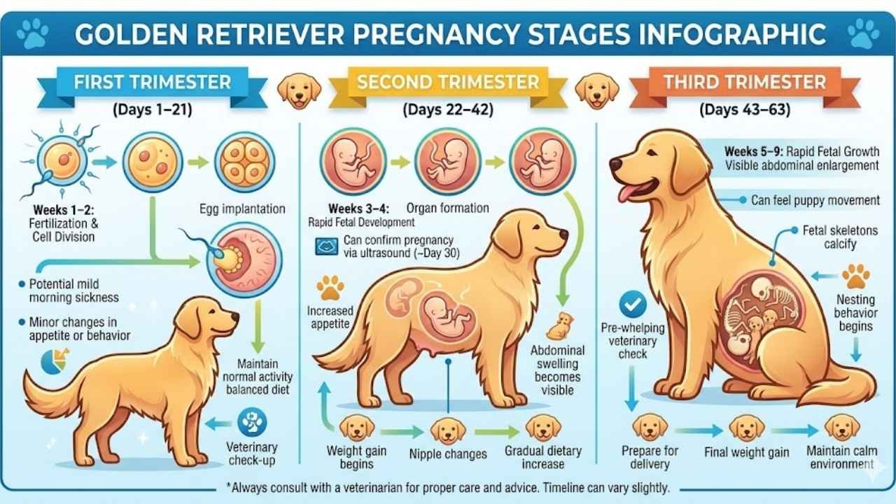 Golden retriever pregnancy stages showing first, second, third trimester in dogs and fetal development in puppies