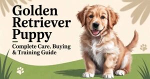 Golden Retriever puppy sitting on green grass in USA backyard