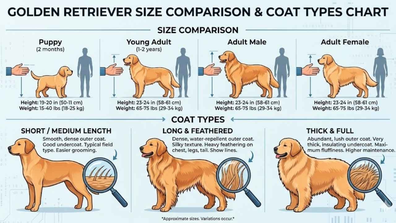kinds of golden retrievers showing golden retriever size and weight and golden retriever coat colors