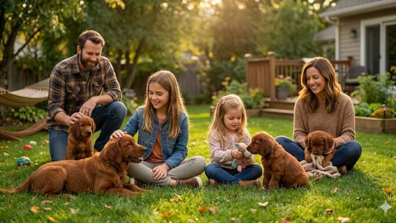 dark golden retriever puppies showing golden retriever temperament and socialized puppies behavior