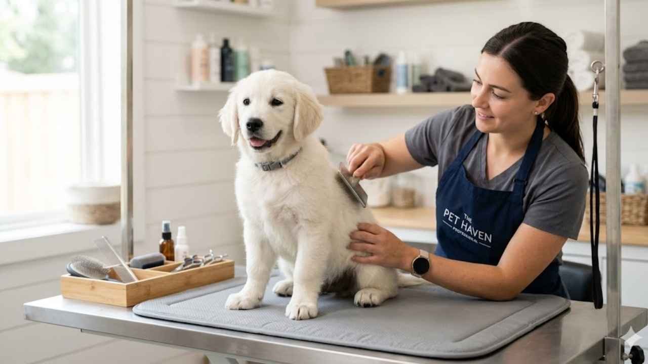 White Golden Retriever Puppy grooming and coat care explained