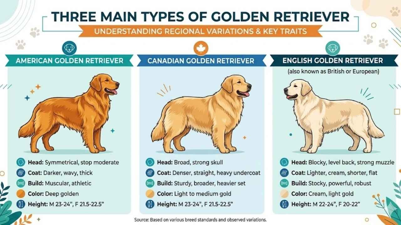 kinds of golden retrievers infographic showing golden retriever types and golden retriever breed types