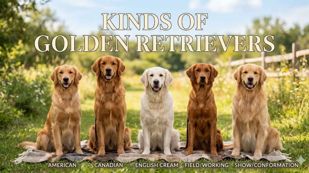 kinds of golden retrievers main image showing types of golden retrievers and golden retriever variations