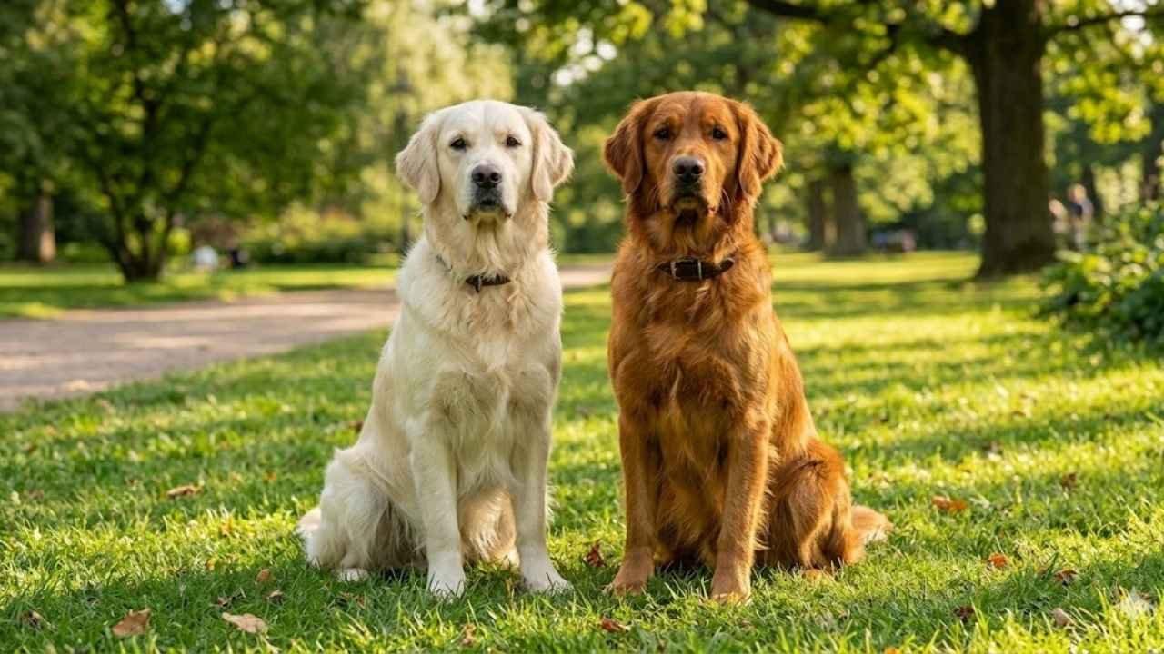 light vs dark golden retriever comparison showing coat color and golden retriever temperament