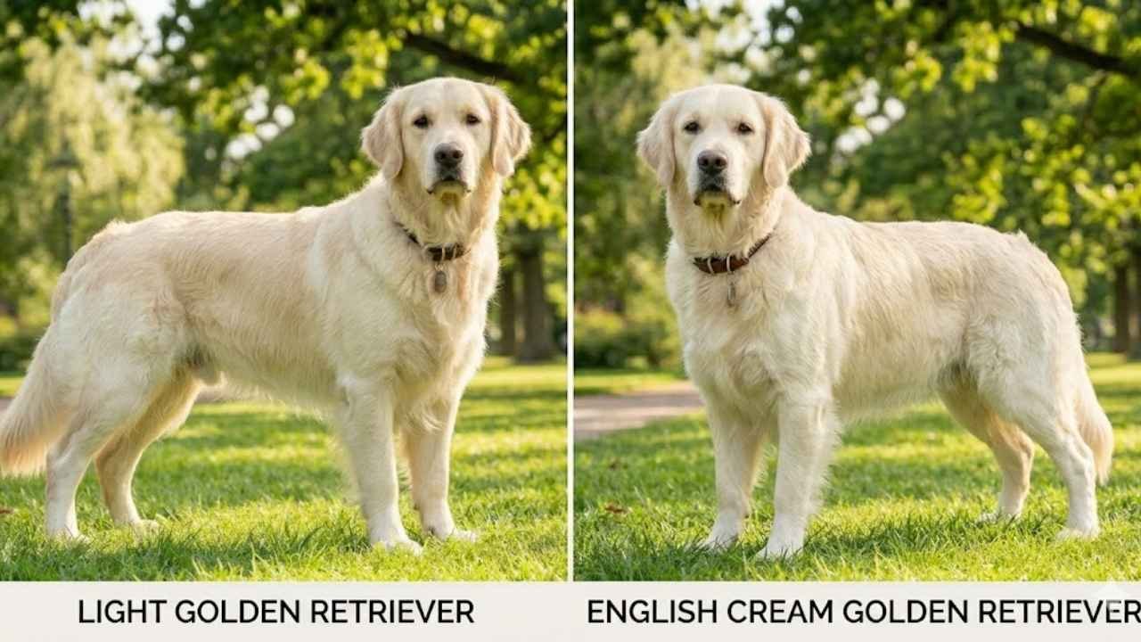 light golden retriever vs english cream golden retriever showing golden retriever shades and color differences