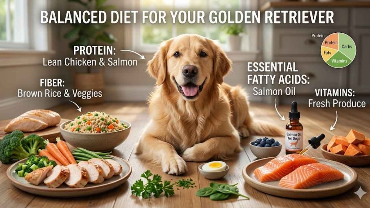 Golden retriever nutrition guide showing protein carbs and healthy fats for dogs