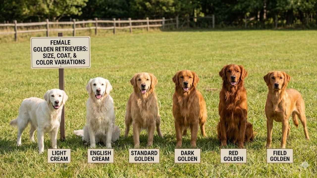 Female Golden Retrievers physical traits including coat, size, and color variations