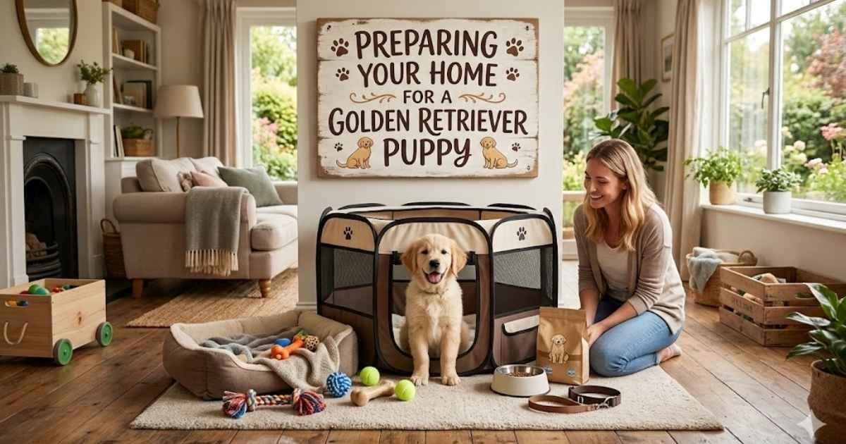 Puppy-proofed living room ready for Golden Retriever puppy