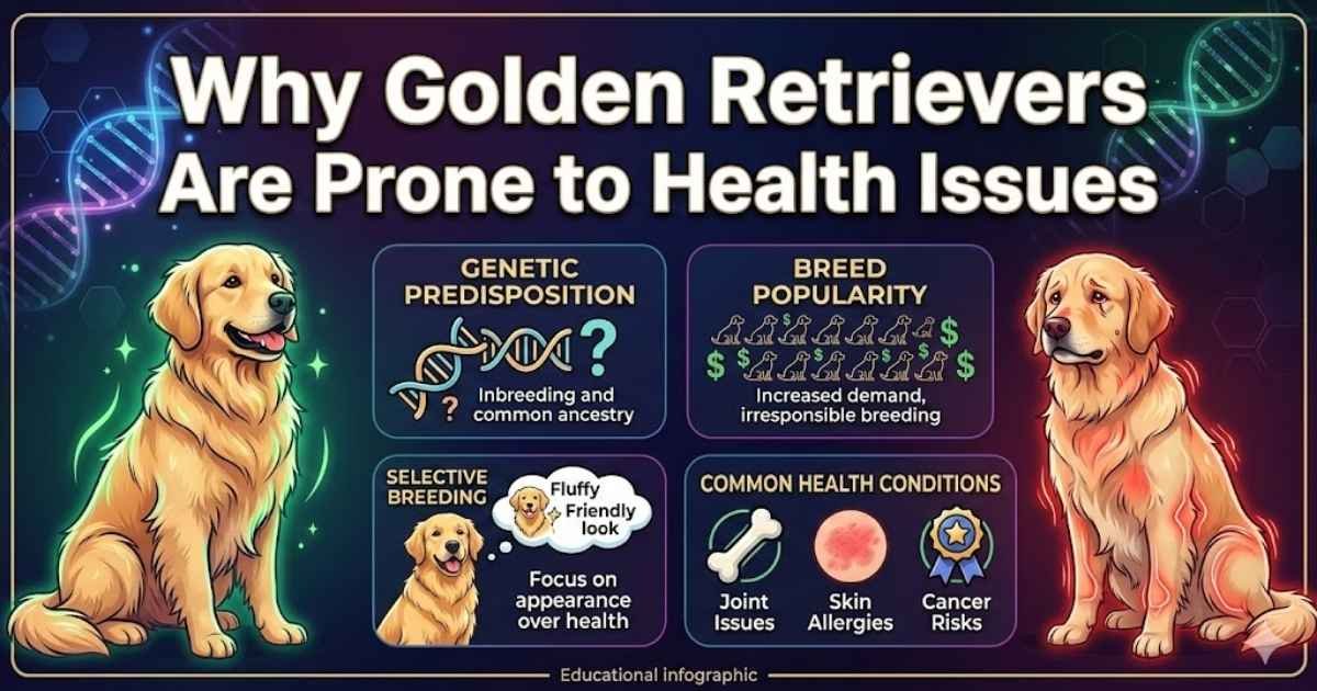 Golden Retriever prone to health issues due to genetics and lifestyle