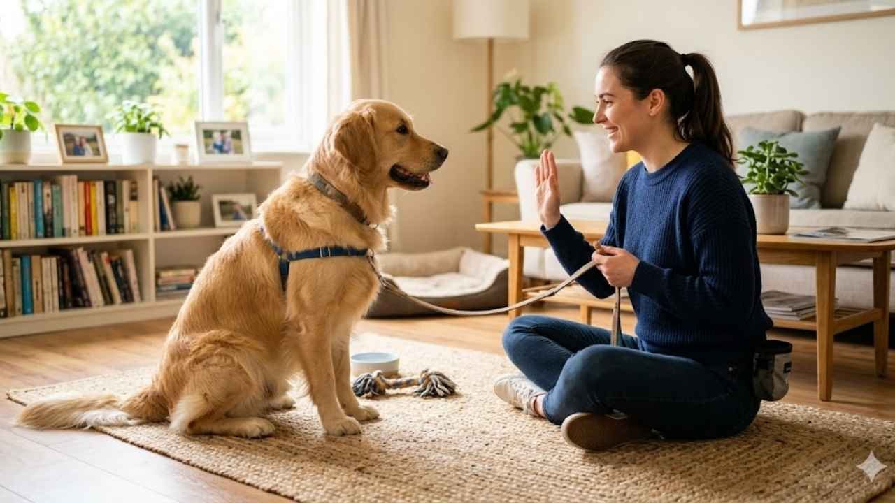 Training Golden Retriever to stop pawing at owner using positive reinforcement and calm behavior techniques