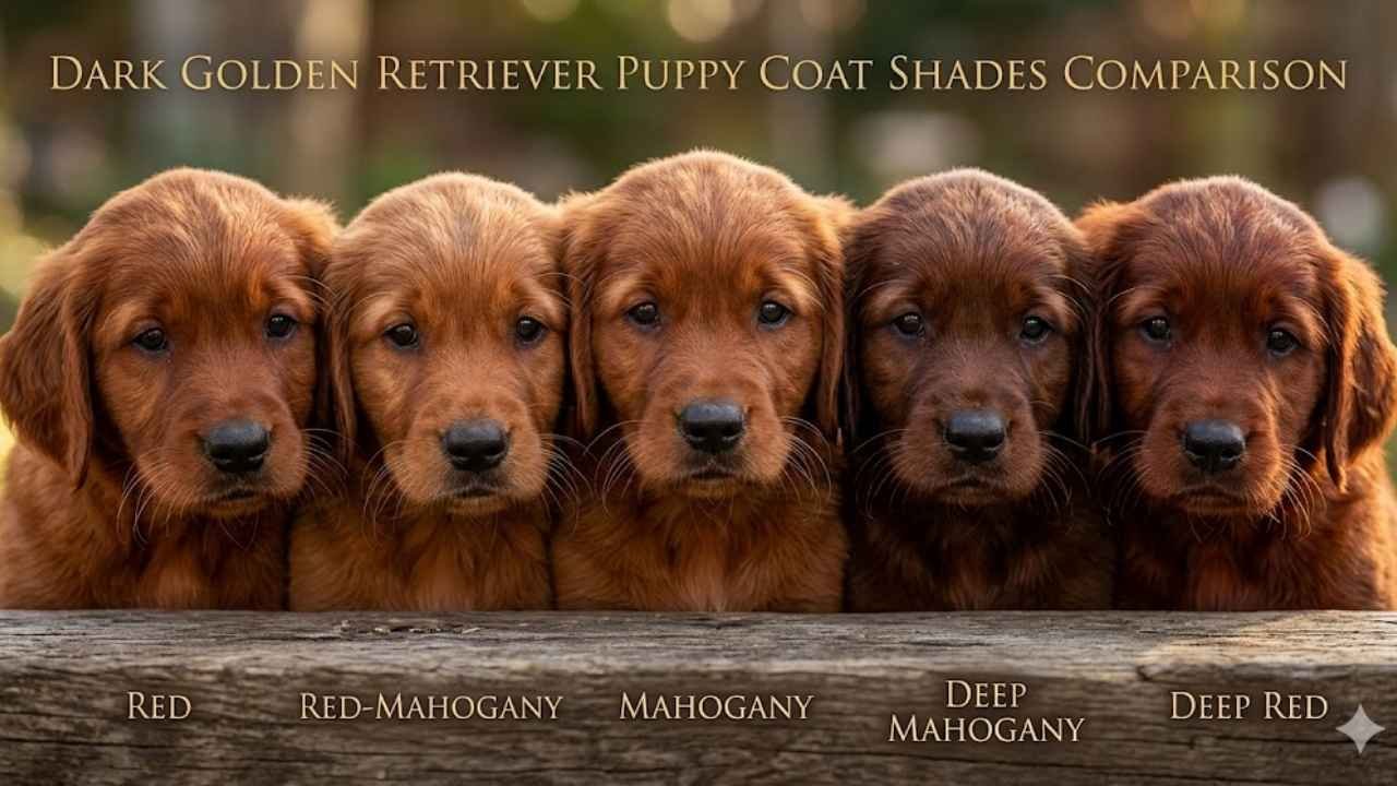 dark golden retriever puppies showing deep red golden retriever and mahogany golden retriever coat shades