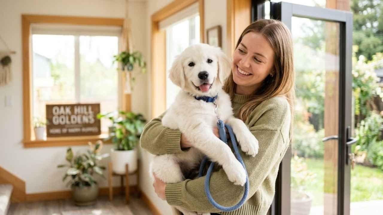 White Golden Retriever Puppy ready to go home, healthy and happy