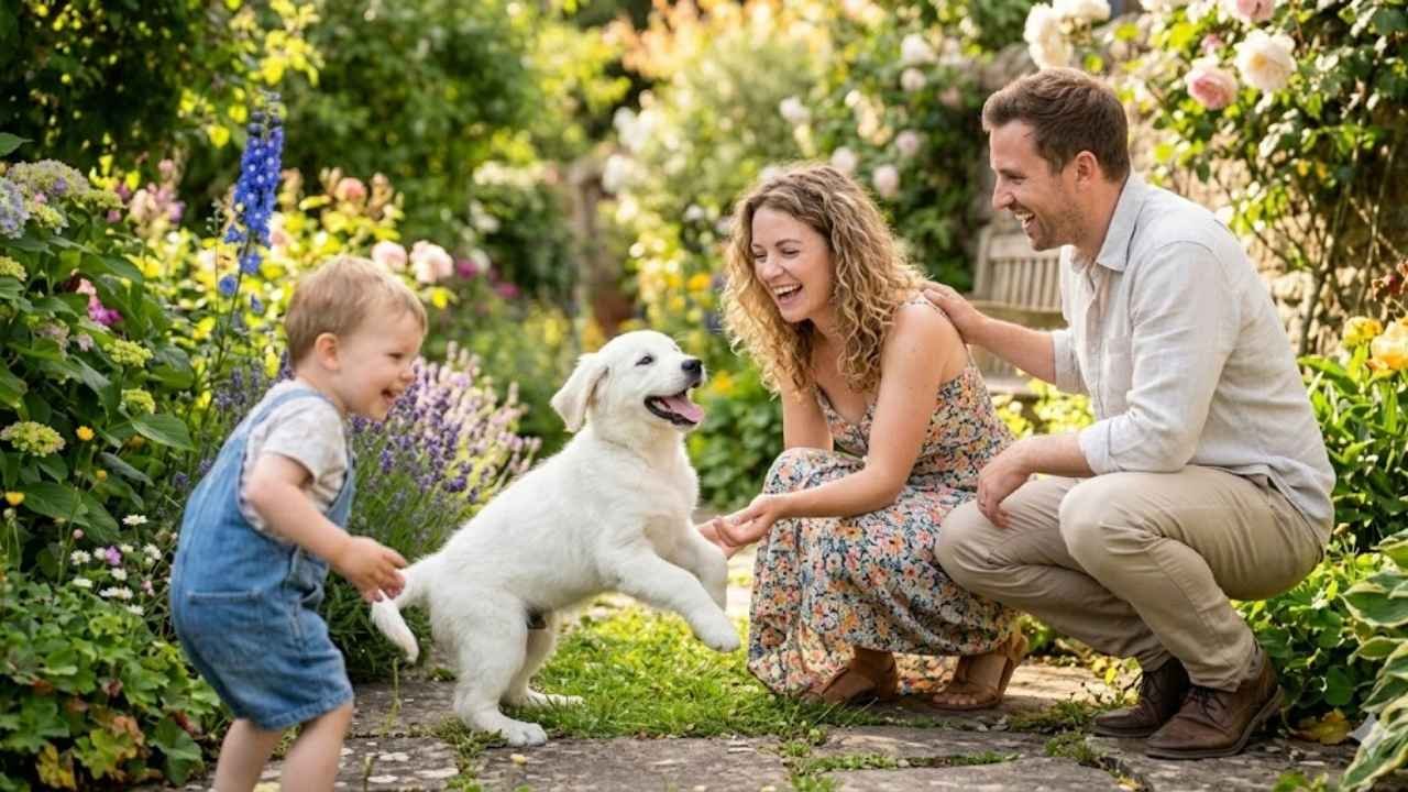 White Golden Retriever Puppy showing temperament and personality