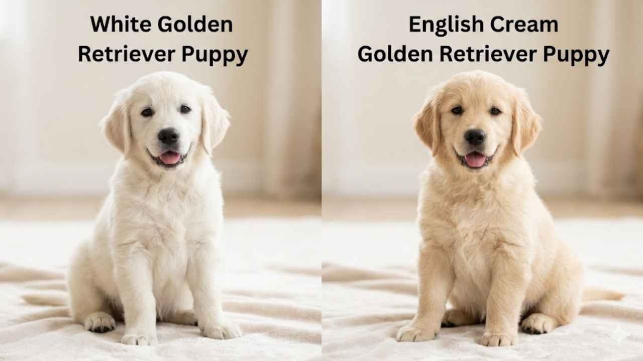 White Golden Retriever Puppy and English Cream Golden Retriever Puppy comparison