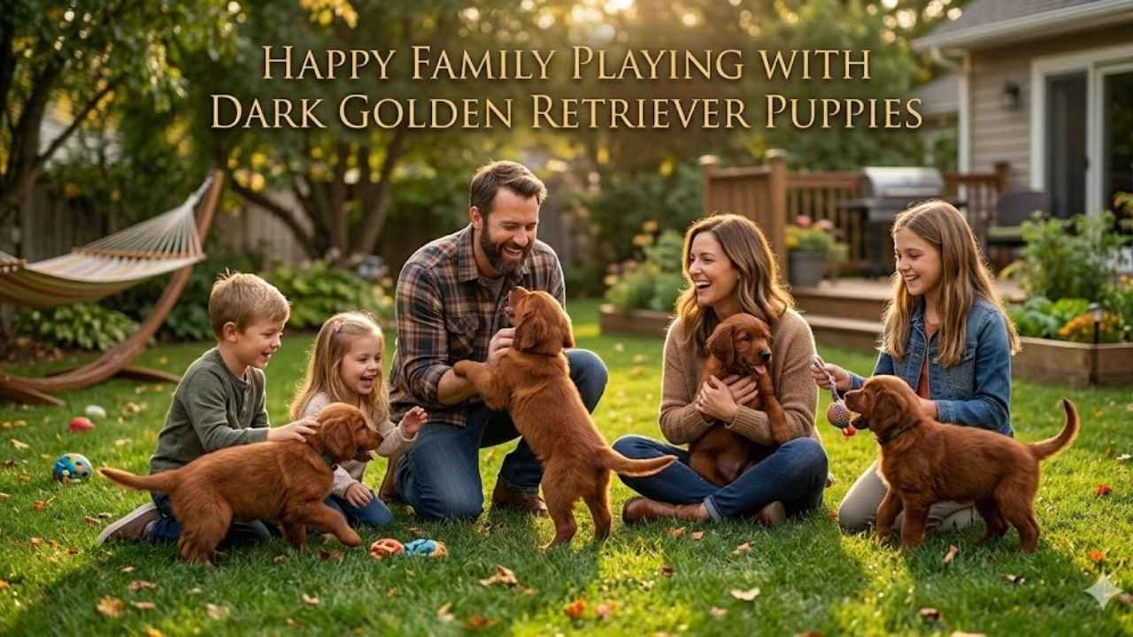 dark golden retriever puppies with family showing friendly and loyal family companion behavior