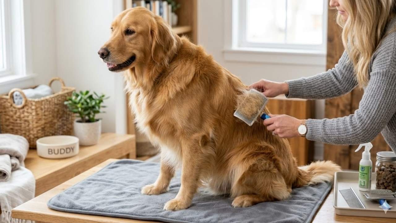 Golden Retriever shedding solutions brushing routine with slicker brush and grooming tools